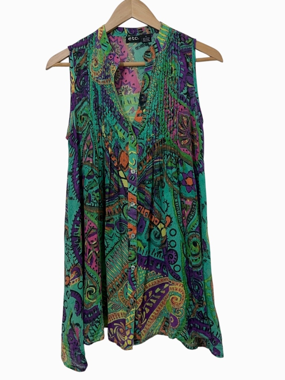 etc Womens Sheer Floral Sleeveless Button Down Top with Pintuck Front Size S